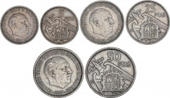 Serie 3 monedas 5, 25 y 50 Pesetas. 1957 (*BA). I Exposición Iberoamericana de Numismática y Medallística. MBC a MBC+.