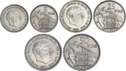 Serie 3 monedas 5, 25 y 50 Pesetas. 1957 (*BA). I Exposición Iberoamericana de Numismática y Medallística. (Pequeños golpecitos). MBC a MBC+.