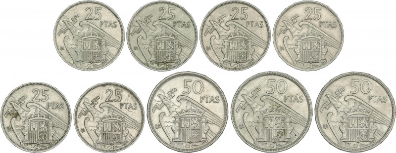 Lote 9 monedas 25 (6) y 50 Pesetas (3). 1957 (*BA). I Exposición Iberoamericana ...
