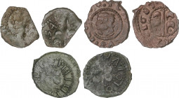 Lote 3 monedas Diner. 1610, 1634 y 1687. FELIPE II, FELIPE IV y CARLOS II. VALENCIA. AE. Diner 1610 de Felipe III con A de Valencia sin travesaño y añ...