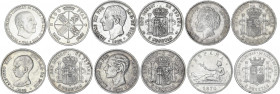 Lote 6 monedas 5 (5) y 100 Pesetas. 1870 a 1966. GOBIERNO PROVISIONAL, ALFONSO XII (2), ALFONSO XIII (2) y ESTADO ESPAÑOL. Todos duros de plata difere...