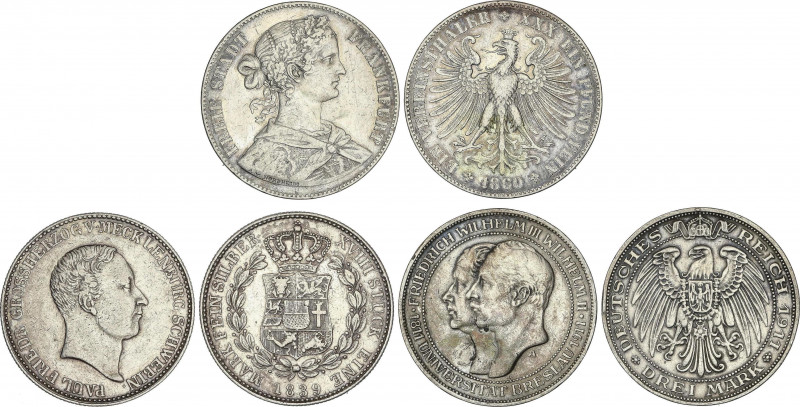 Lote 3 monedas 2/3 y 1 Thaler y 3 Mark. 1839, 1860, 1911. FRANKFURT, MECKLENBURG...