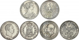 Lote 3 monedas 2/3 y 1 Thaler y 3 Mark. 1839, 1860, 1911. FRANKFURT, MECKLENBURG-SCHWERIN y PRUSIA. AR. A EXAMINAR. MBC a MBC+.