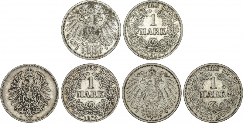 Lote 3 monedas 1 Mark. 1874-B, 1911-J y 1913-J. AR. KM-7, 14. MBC+.