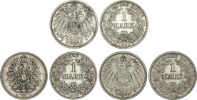 Lote 3 monedas 1 Mark. 1874-B, 1911-J y 1913-J. AR. KM-7, 14. MBC+.