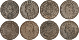 Lote 4 monedas 2 Centavos. 1884, 1890, 1891 y 1893. AE. KM-33. MBC+ a EBC-.