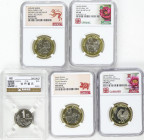 Lote 5 monedas 1 Yi Yuan y 10 Yuan (4). 1996, 2015, 16, 17, 19. Bimetálicas. El Yi Yuan encapsulado por Yuan Tai Grading como 95, serie lunar de la ca...