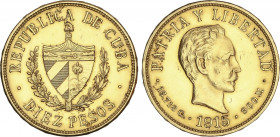 10 Pesos. 1915. 16,7 grs. AU. José Martí. (Limpiada con pequeños golpecitos). Fr-3; KM-20. EBC-.