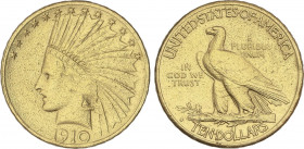 10 Dollars. 1910-S. SAN FRANCISCO. 16,68 grs. AU. Indian Head. (descolgada, restos de soldadura a las 12h.)). Fr-167; KM-130. (MBC).
