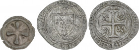 Lote 2 monedas Denier y Blanca a la Corona. Siglo XIV y (1485). AUVERGNE, LE PUY y CARLOS VIII. Incluye Denier Auvergne, Le Puy siglo XIV en vellón (0...