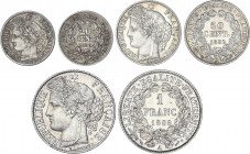Lote 3 monedas 20 y 50 Centimes y 1 Franc. 1850, 1882 y 1888. III REPÚBLICA. PARÍS. AR. MBC a EBC+.