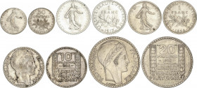 Lote 5 monedas 50 Centimes, 1 (2), 10 y 20 Francs. 1898 a 1938. AR. A EXAMINAR. MBC- a SC.