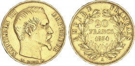 20 Francs. 1854-A. NAPOLEÓN III. PARÍS. 6,37 grs. AU. (Descolgada). Fr-573; KM-781.1. MBC-/MBC.