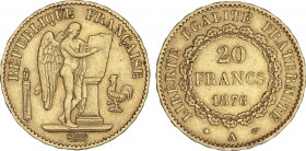20 Francs. 1876-A. III REPÚBLICA. PARÍS. 6,43 grs. AU. Ángel. (Leves golpecitos). Fr-592; KM-825. MBC+.