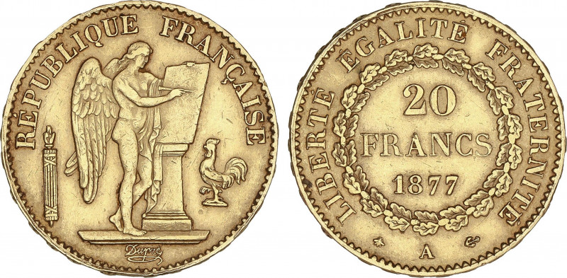 20 Francs. 1877-A. III REPÚBLICA. PARÍS. 6,45 grs. AU. Ángel. Fr-592; KM-825. MB...