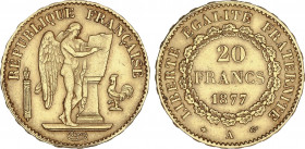 20 Francs. 1877-A. III REPÚBLICA. PARÍS. 6,45 grs. AU. Ángel. Fr-592; KM-825. MBC+.