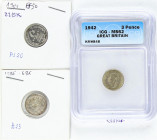 Lote 3 monedas 3 Pence. 1885, 1904, 1942. VICTORIA, EDWARD VII, GEORGE VI. AR. 3 Pence 1942 encapsulada por ICG como MS62 nº: 1356816001. A EXAMINAR. ...