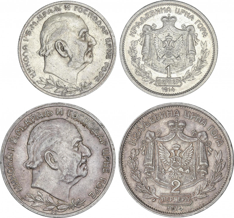 Lote 2 monedas 1 Perper y 2 Perpera. 1914. NICHOLAS I. 4,97 y 9,96 grs. AR. KM-1...