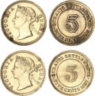 Lote 2 monedas 5 Centavos. 1897 y 1898. VICTORIA. AR. Posiblemente descolgada. Sobredoradas. KM-10. EBC.