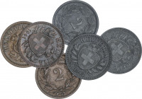 Lote 6 monedas 2 Rappen. 1883 a 1945. Br y Zinc. Todas diferentes. Incluye: 1883, 1890, 1941, 1942, 1944 y 1945. KM-4.1, 4.2, 4.2a. MBC a EBC.