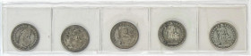 Lote 5 monedas 1/2 Franc. 1881 a 1939. AR. Helvetia. Todas fechas diferentes. A EXAMINAR. KM-23. BC a MBC.