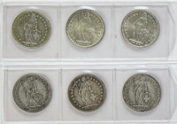 Lote 6 monedas 2 Francs. 1943 a 1965. AR. Helvetia. todas fechas diferentes. A EXAMINAR. KM-21. MBC a EBC.