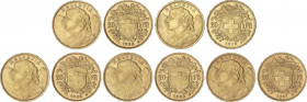 Lote 5 monedas 20 Francs. 1912-B, 1935-B (3) y 1947-B. BERNA. AU. Helvetia. Fr-499; KM-35.1, 35.2. SC- a SC.
