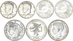 Lote 7 monedas de plata. 1851 a. ESPAÑA, FRANCIA, MÉXICO, ALEMANIA (2) y USA (2). AR. Módulo mediano y tipo duro. Incluye 5 Pesetas ESPAÑA 1897, 5 Fra...