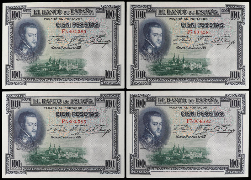 Lote 4 billetes 100 Pesetas. 1 Julio 1925. Felipe II. Serie F. Todos correlativo...