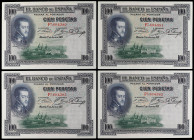 Lote 4 billetes 100 Pesetas. 1 Julio 1925. Felipe II. Serie F. Todos correlativos. Ed-350. SC.