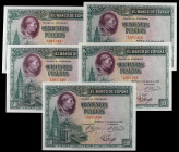 Lote 5 billetes 500 Pesetas. 15 Agosto 1928. Cardenal Cisneros. Numeraciones no correlativas. (Leves ondulaciones). Ed-356. SC.
