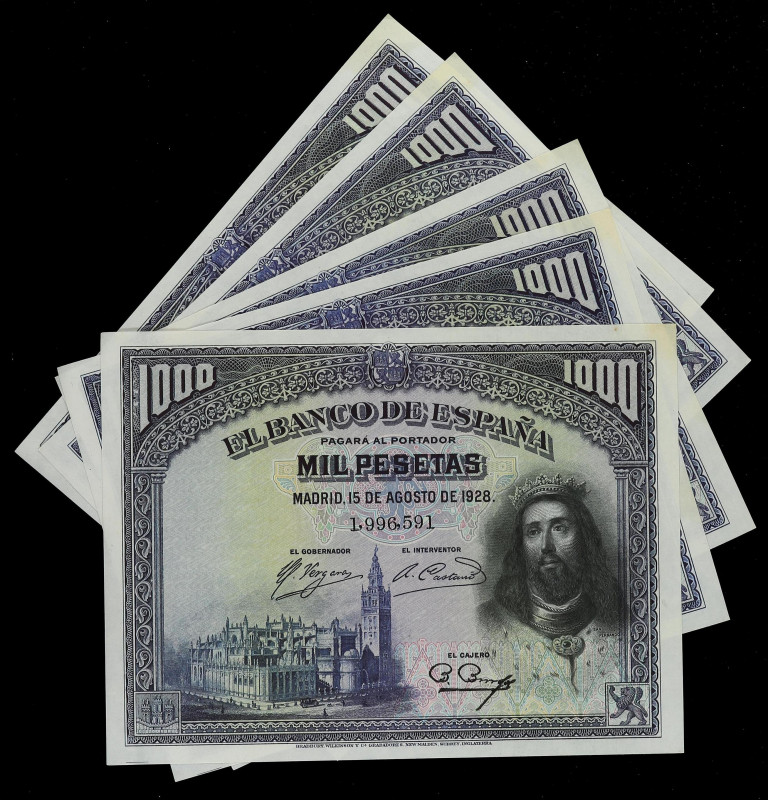 Lote 5 billetes 1.000 Pesetas. 15 Agosto 1928. San Fernando. Numeraciones correl...