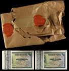 Lote 200 billetes 5 Pesetas. 1935. Serie D. En dos fajos con precinto original. Cada fajo con billetes correlativos. Contiene el paquete envoltorio (r...