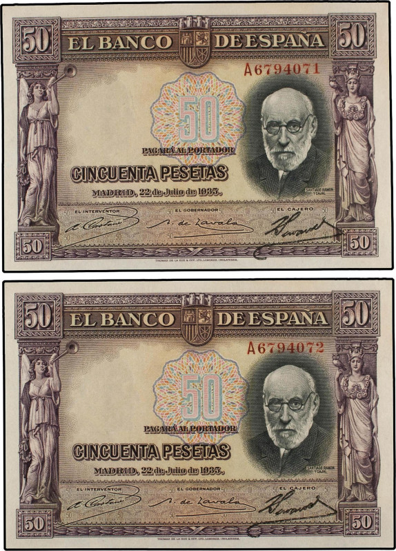 Lote 2 billetes 50 Pesetas. 22 Julio 1935. Ramón y Cajal. Serie A. Pareja correl...