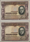 Lote 2 billetes 50 Pesetas. 22 Julio 1935. Ramón y Cajal. Serie A. Pareja correlativa. Márgenes algo tonalizados. Ed-366a. SC.