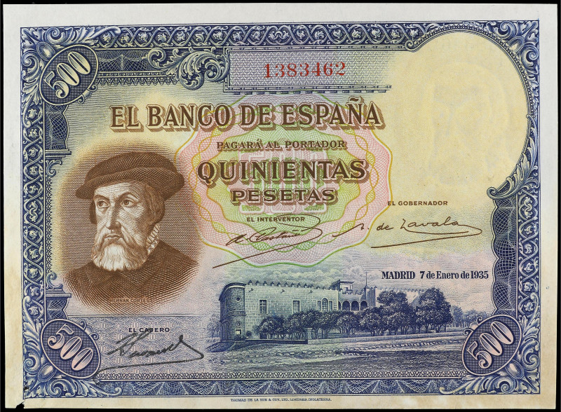 500 Pesetas. 7 Enero 1935. Hernán Cortés. (Manchas de humedad y rotura en el áng...