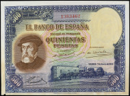 500 Pesetas. 7 Enero 1935. Hernán Cortés. (Manchas de humedad y rotura en el ángulo inferior izquierdo). Ed-365. (EBC).