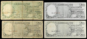 Lote 4 billetes 2,50 (3), y 10 Pesetas. 21 Setembre 1936. GENERALITAT DE CATALUNYA. 2,50 Pessetes con numeración roja (2) y negra. (Algunos con rotura...