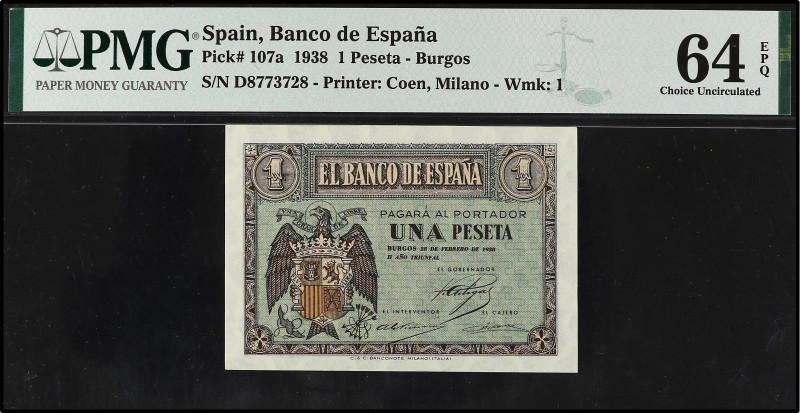 1 Peseta. 28 Febrero 1938. Serie D. Precintado y garantizado por PMG como CHOICE...