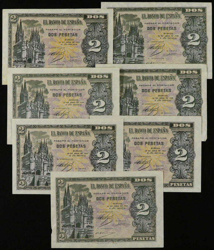 Lote 7 billetes 2 Pesetas. 30 Abril 1938. Catedral de Burgos. Tres parejas corre...