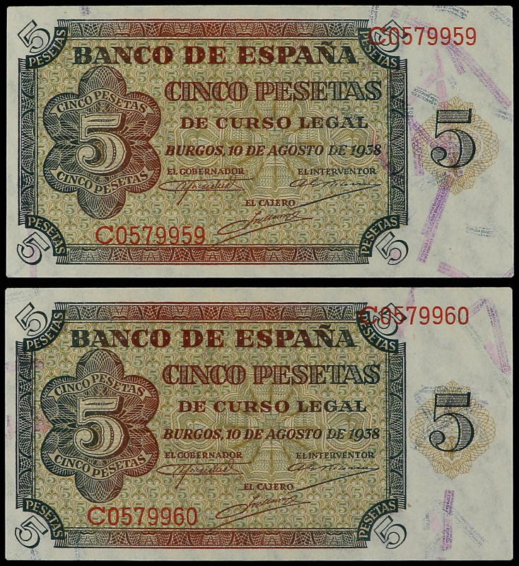 Lote 2 billetes 5 Pesetas. 10 Agosto 1938. Serie C. Pareja correlativa. Ed-435a....