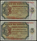 Lote 2 billetes 5 Pesetas. 10 Agosto 1938. Serie C. Pareja correlativa. Ed-435a. SC.