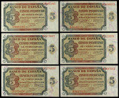 Lote 6 billetes 5 Pesetas. 10 Agosto 1938. Serie B, C, E, F, G y H. Todos diferentes. Alguno leves arruguitas de impresión. Ed-435a. SC.