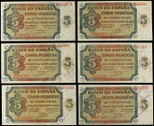 Lote 6 billetes 5 Pesetas. 10 Agosto 1938. Serie B, D, E, J, K y L. Todos diferentes. Alguno leves arruguitas de impresión. Ed-435a. SC- a SC.