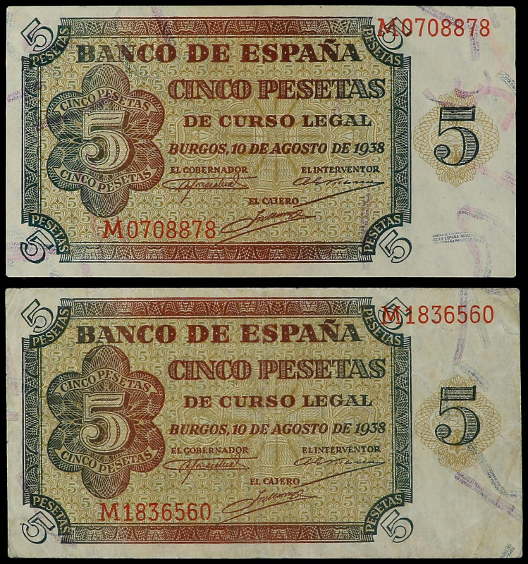 Lote 2 billetes 5 Pesetas. 10 Agosto 1938. Serie M. La serie más rara de este bi...
