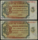 Lote 2 billetes 5 Pesetas. 10 Agosto 1938. Serie M. La serie más rara de este billete. Ed-435b. MBC a EBC.