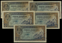 Lote 5 billetes 5 Pesetas. 4 Septiembre 1940. Alcázar de Segovia. Contiene una pareja y trio correlativo serie L. Ed-442a. MBC+ a EBC.
