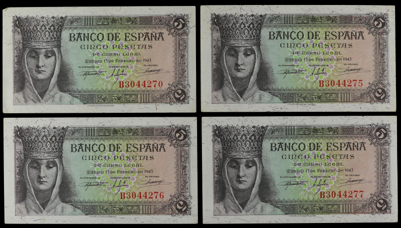 Lote 4 billetes 5 Pesetas. 13 Febrero 1943. Isabel ´La Católica´. Serie B. Conti...