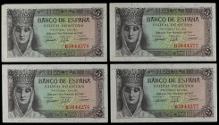 Lote 4 billetes 5 Pesetas. 13 Febrero 1943. Isabel ´La Católica´. Serie B. Contiene trio correlativo. (Pliegue de conteo en el márgen superior izquier...