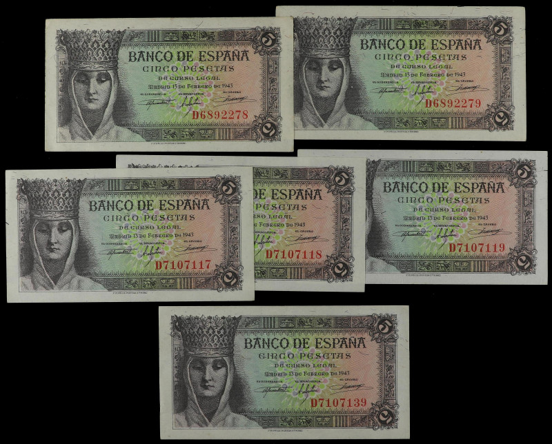 Lote 6 billetes 5 Pesetas. 13 Febrero 1943. Isabel ´La Católica´. Serie D. Conti...